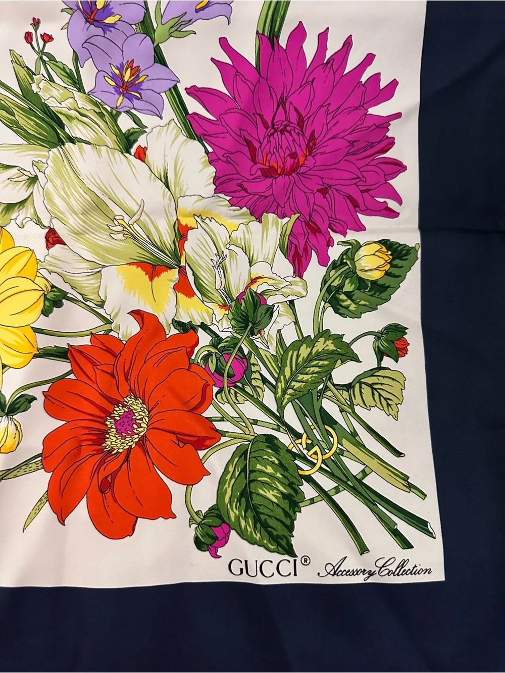 Gucci Floral Silk Scarf in White with Red, Yellow & Purple Blooms